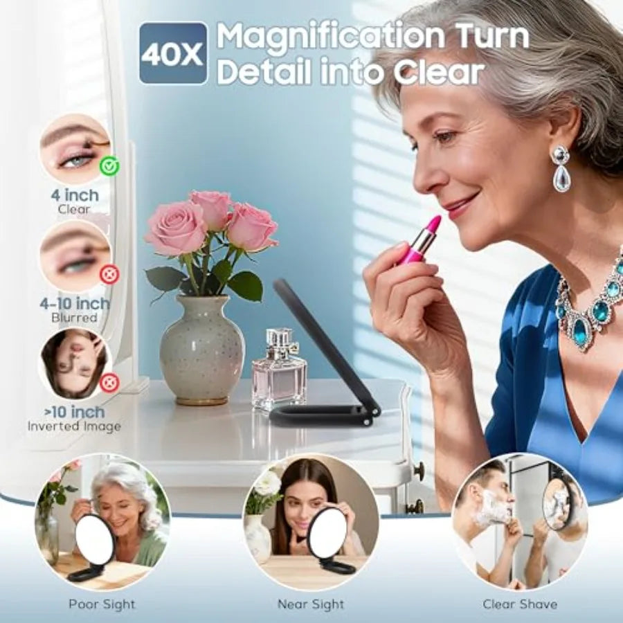 40X Magnifying Mirror, Hand Mirror for Makeup, Double Sided with 40X/1X Magnification, Travel Essential, Portable Foldable for